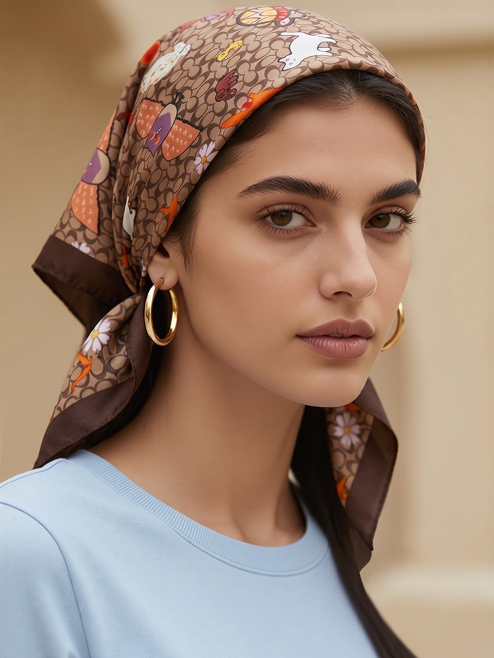 Brown Patterned Silk-Feel Headscarf with Orange Accents - Picture 4 of 11